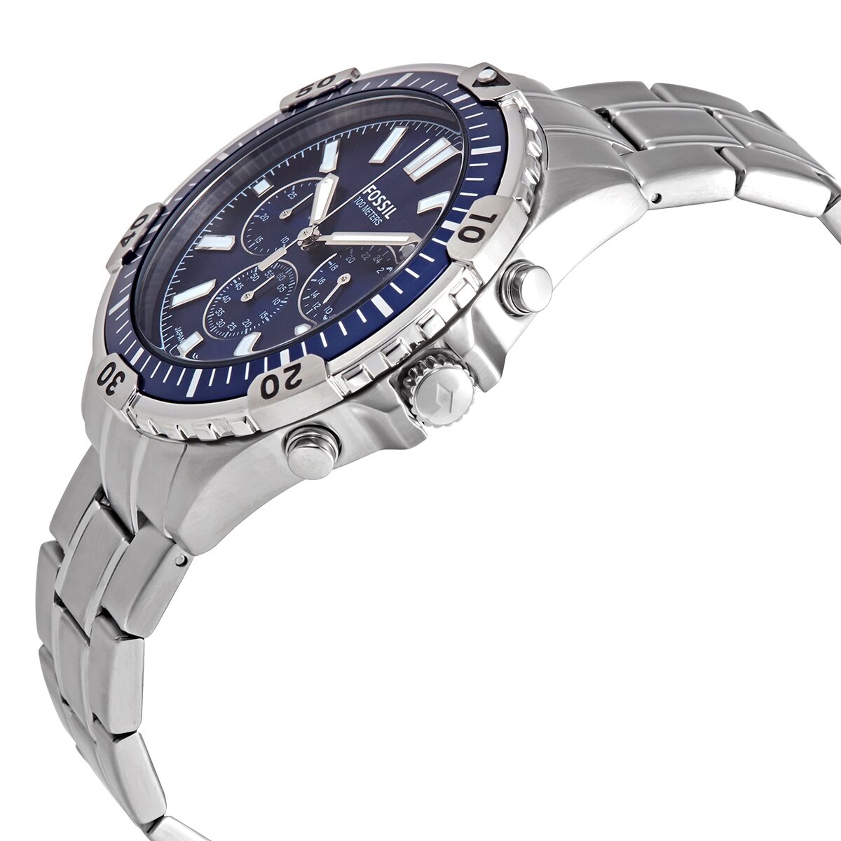 Fossil Garrett chronograph watch shown at side angle with blue dial and steel bracelet