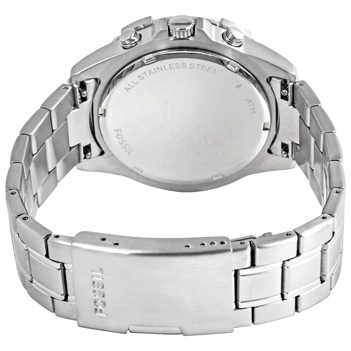 Fossil Garrett watch caseback showing stainless steel construction and engravings