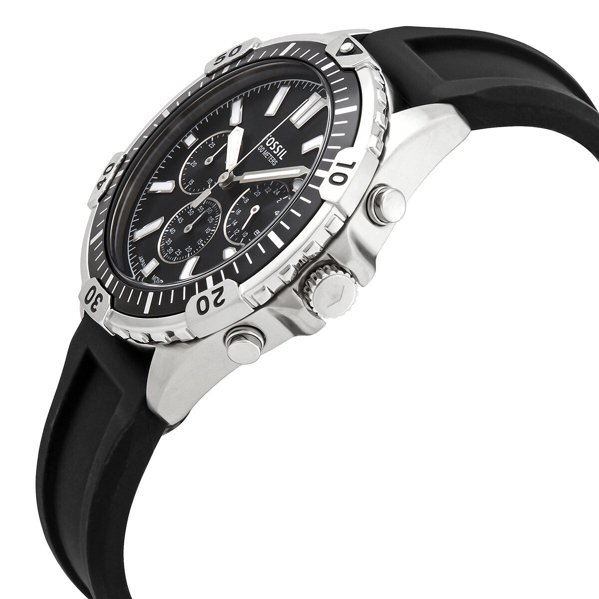 Side angle view of Fossil Garrett chronograph watch showing case profile and black strap