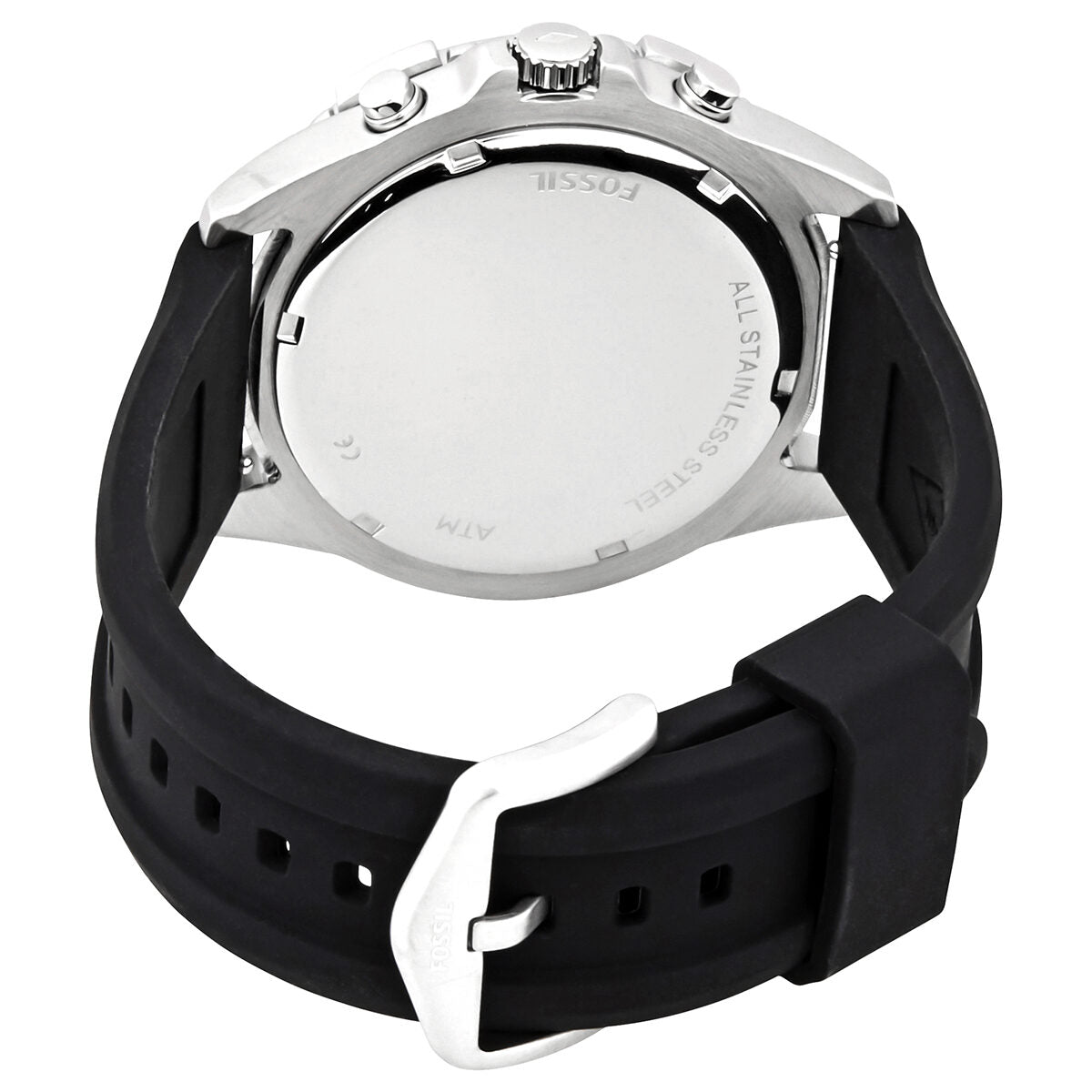 Fossil Garrett watch caseback showing stainless steel case back and black silicone strap