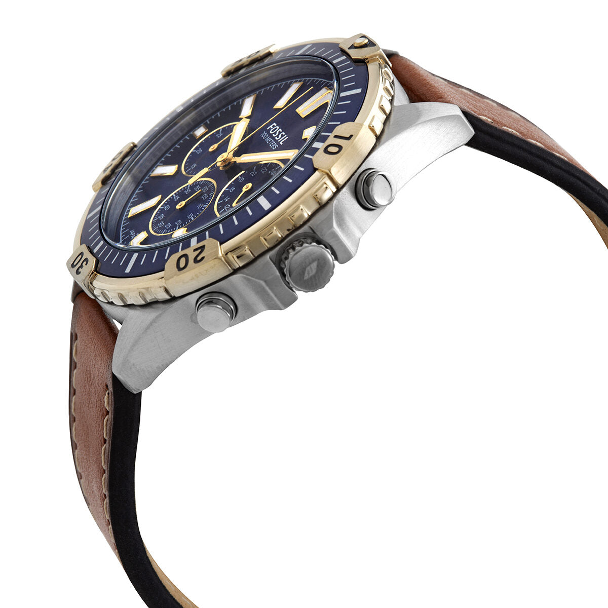 Side angle view of Fossil Garrett chronograph with visible pushers and brown leather strap