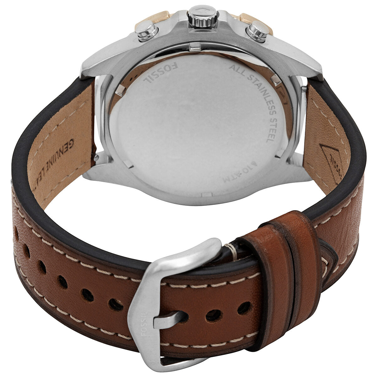 Case back of Fossil Garrett watch with metal case and brown leather strap with buckle
