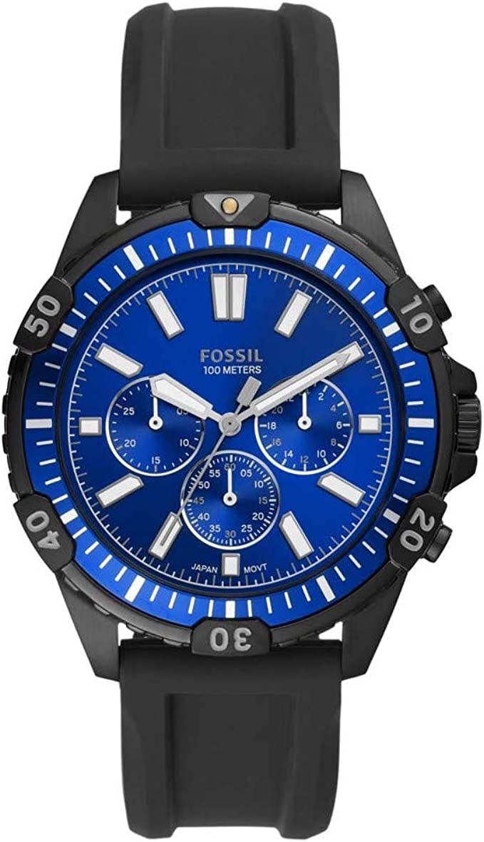 Fossil Garrett Chronograph watch with blue dial, black case, and black silicone strap