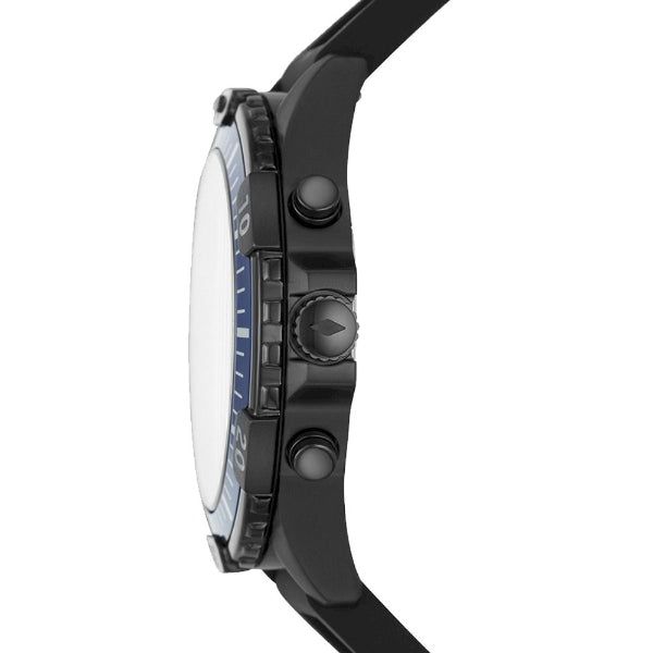 Side view of Fossil Garrett Chronograph watch showing black case profile and chronograph pushers