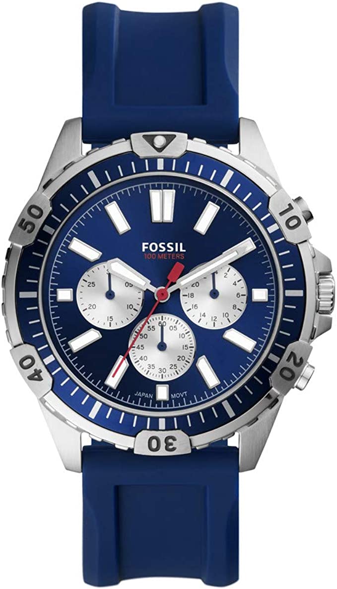 Fossil Garrett Chronograph men's watch with stainless steel case, navy blue dial, and blue silicone strap