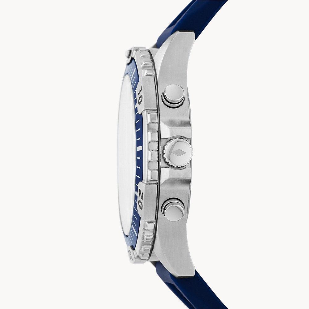 Side view of Fossil Garrett Chronograph showing stainless steel case profile and chronograph pushers