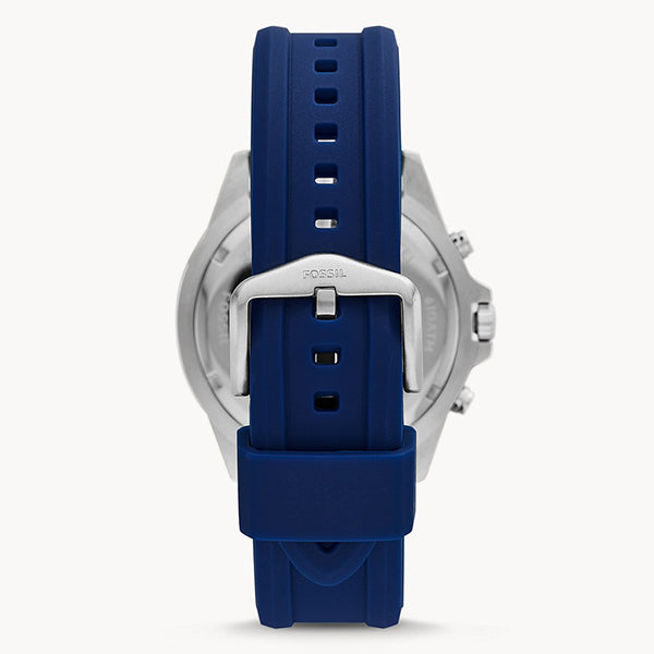 Blue silicone strap of Fossil Garrett Chronograph with perforations and stainless steel buckle