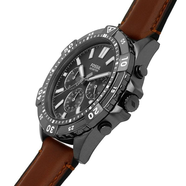 Fossil Garrett chronograph watch angled view showing case and brown leather strap