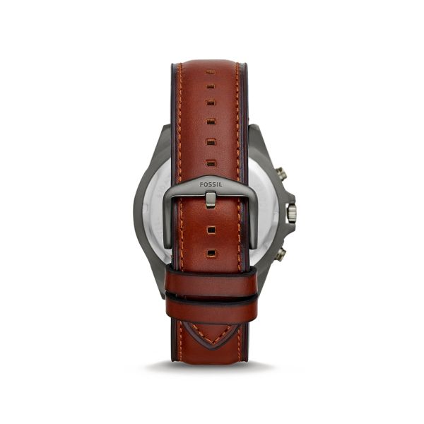 Fossil Garrett watch caseback showing brown leather strap with contrast stitching