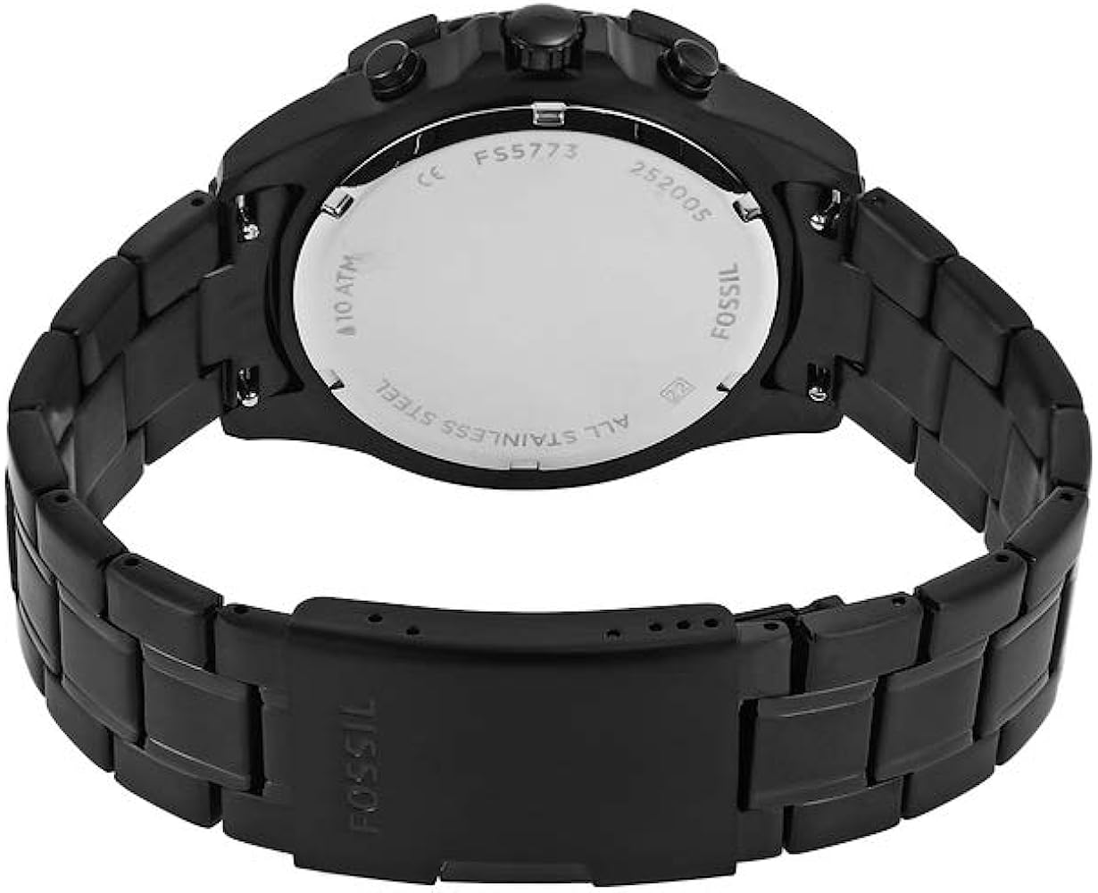 Fossil Garrett watch caseback showing FS5773 model number and stainless steel bracelet