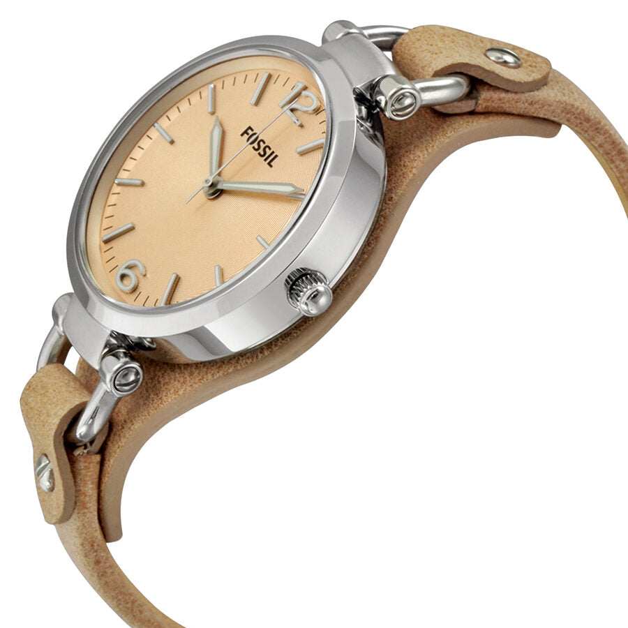 Fossil Georgia watch at angle showing case profile and sand tan leather strap