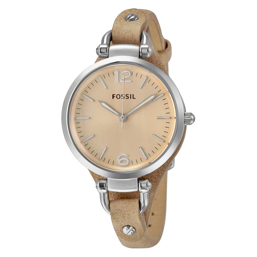 Fossil Georgia ladies watch with beige dial, silver case, and sand tan leather strap