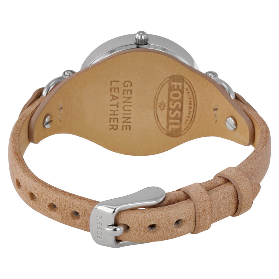 Fossil Georgia watch caseback showing genuine leather strap and stainless steel buckle