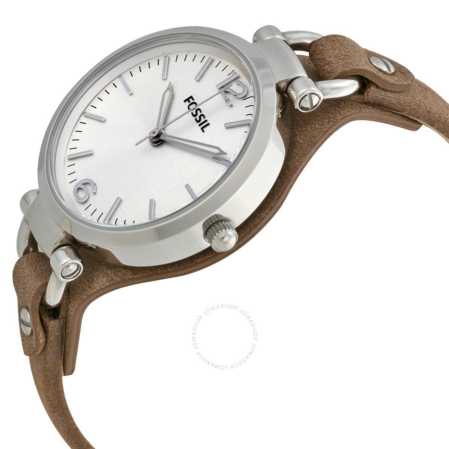 Fossil Georgia watch on tan leather strap viewed from angle