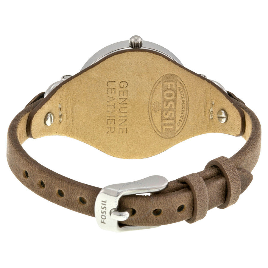 Fossil Georgia watch caseback with genuine leather markings on tan strap