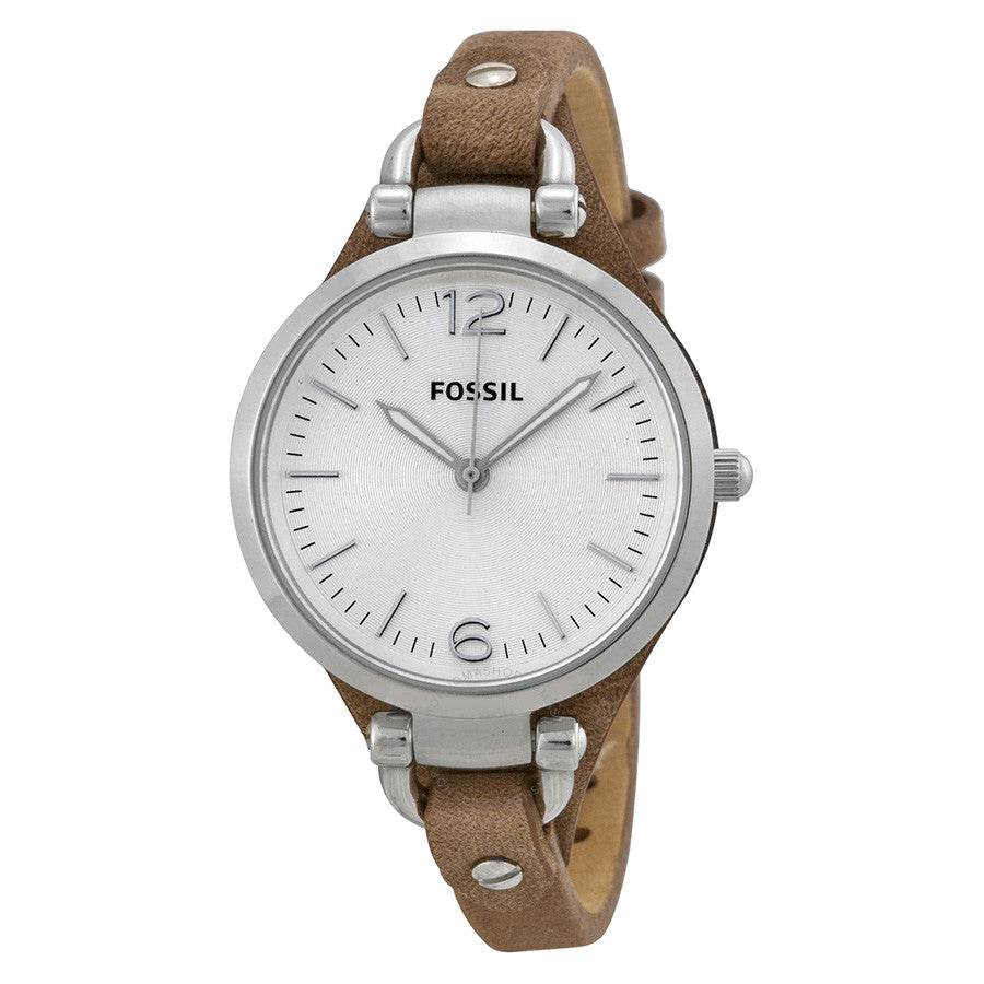 Fossil Georgia ladies watch with silver dial, tan leather strap, and silver-tone case
