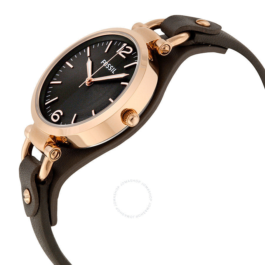 Fossil Georgia watch side angle showing rose gold case and black leather strap detail