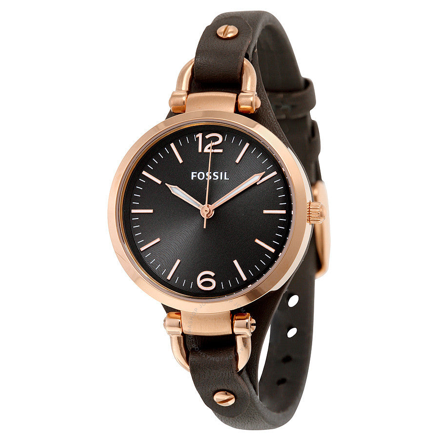 Fossil Georgia watch with dark grey dial, rose gold case, and black leather strap