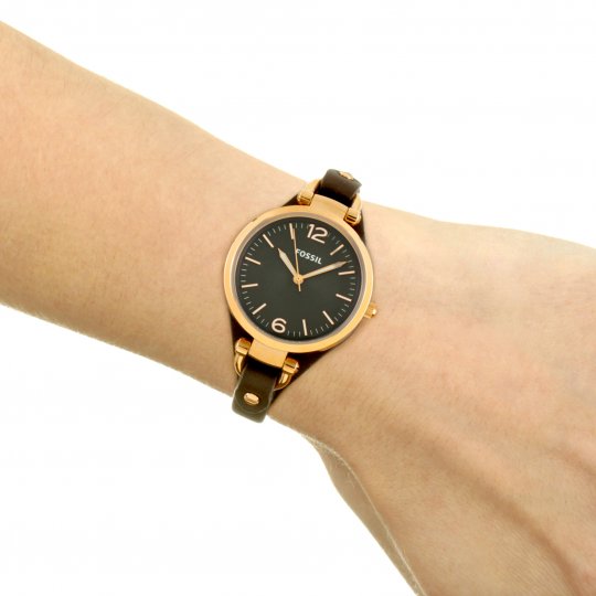 Fossil Georgia ladies watch worn on wrist with black leather strap