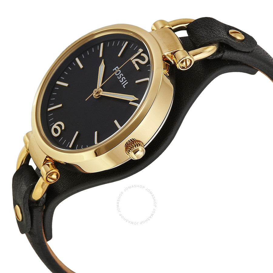 Fossil Georgia watch angled view showing black dial, gold-tone case, and black leather strap