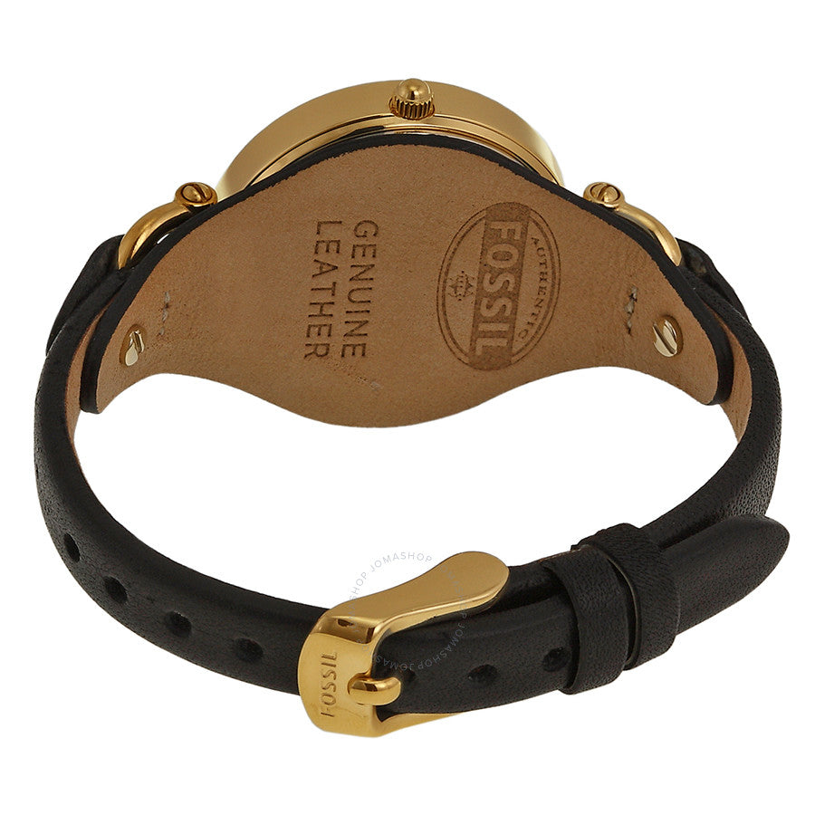 Fossil Georgia watch caseback showing genuine leather strap and gold-tone buckle