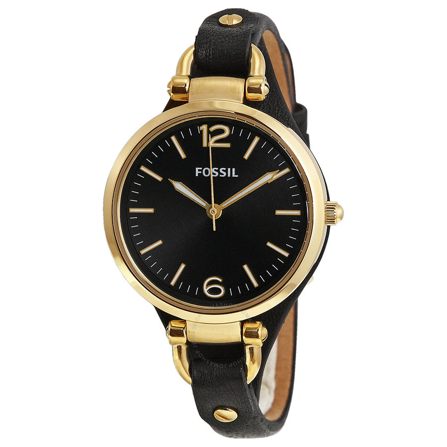 Fossil Georgia black dial gold-tone steel ladies watch with black leather strap