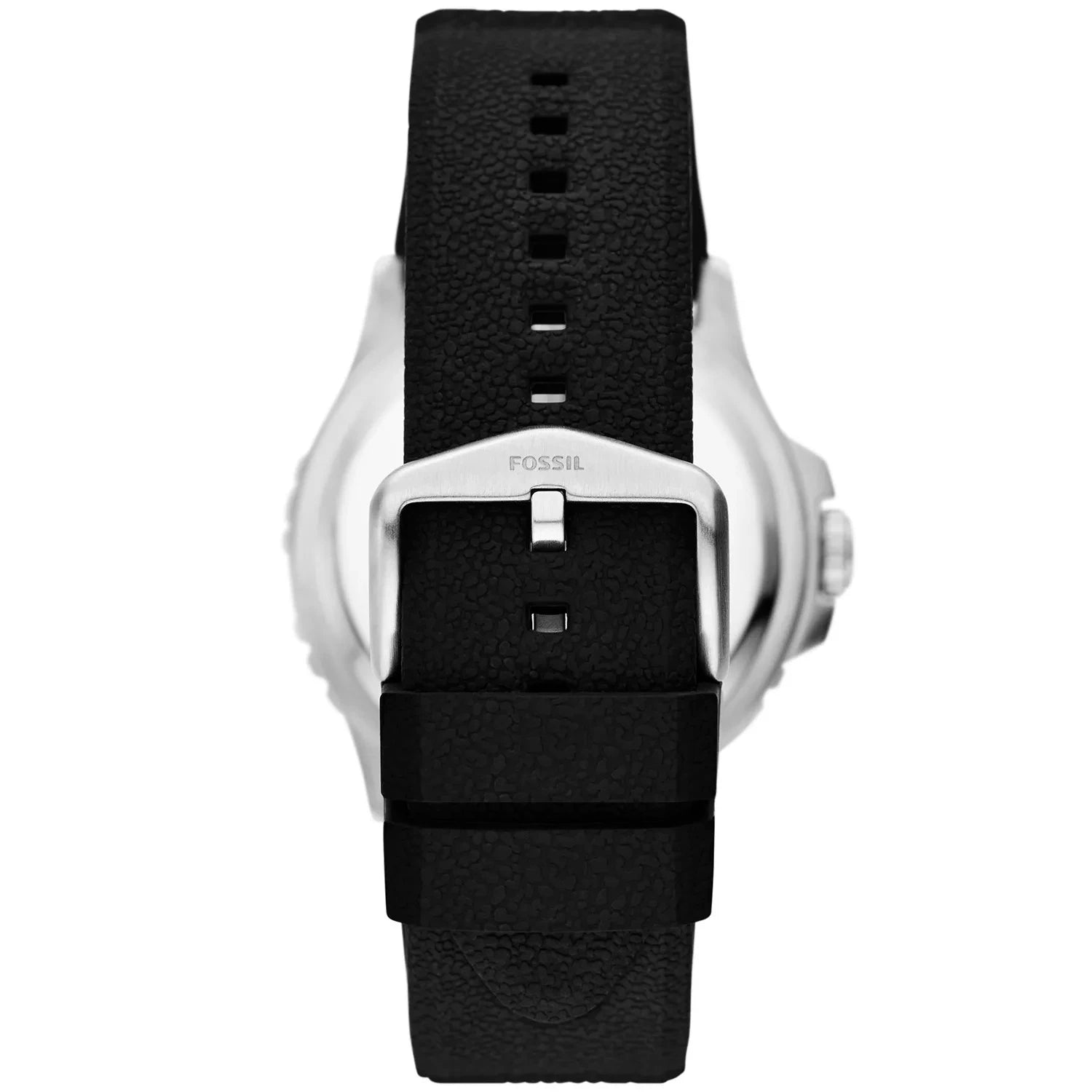 Fossil FS6036 watch case back showing silver-tone stainless steel caseback and black leather strap