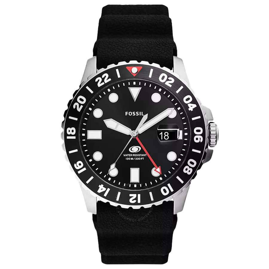Fossil GMT black dial men's watch FS6036 with silver case and black leather strap