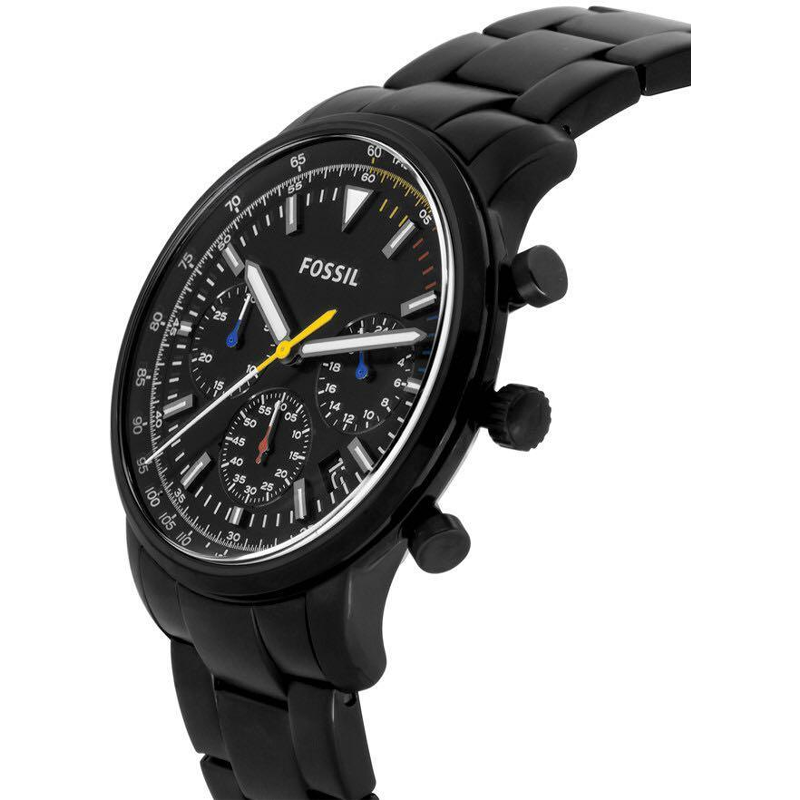 Side angle view of Fossil Goodwin chronograph watch showing black stainless steel band and case