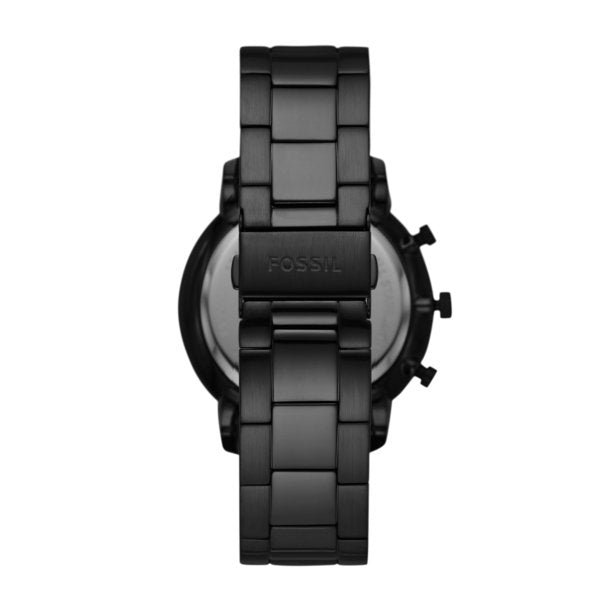 Back view of Fossil Goodwin chronograph watch showing stainless steel caseback and bracelet