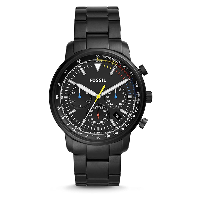 Fossil Goodwin chronograph watch with black dial, tachymeter bezel, and stainless steel bracelet