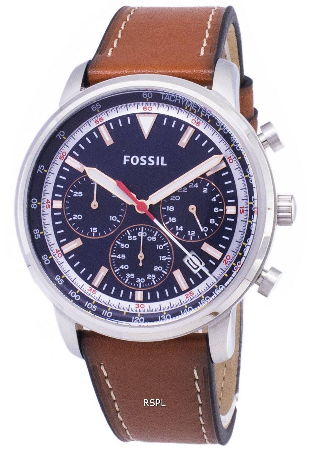 Fossil Goodwin chronograph men's watch with navy dial, white markers, light brown leather strap