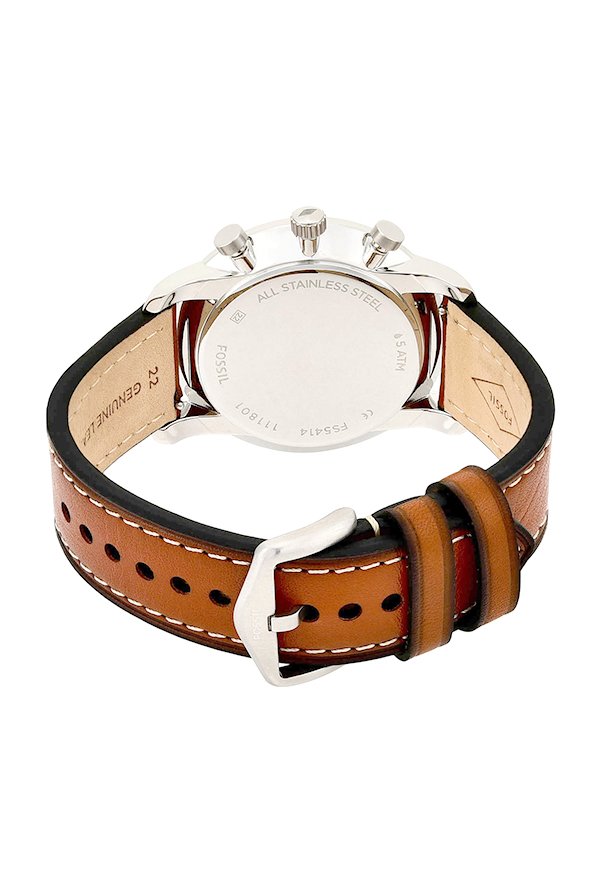 Caseback view of Fossil Goodwin chronograph with light brown leather strap