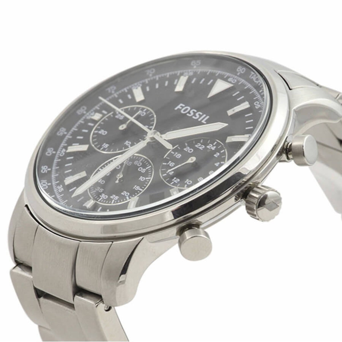 Fossil Goodwin chronograph watch at angle showing black dial with sub-dials and silver-tone case