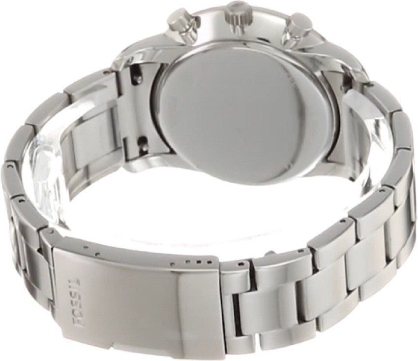Caseback view of Fossil Goodwin showing silver-tone stainless steel bracelet and case back