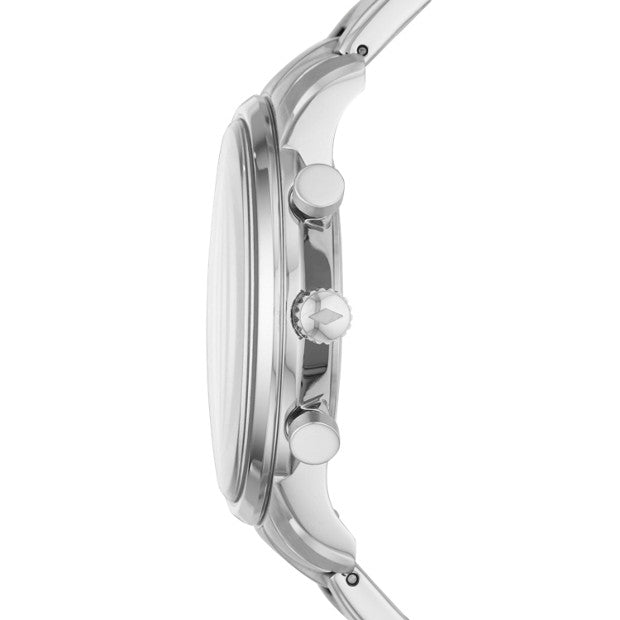 Side view of Fossil Goodwin chronograph showing stainless steel case profile and chronograph pushers