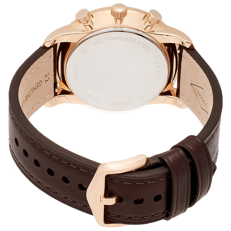 Fossil Goodwin FS5415 caseback showing stainless steel case and brown leather strap