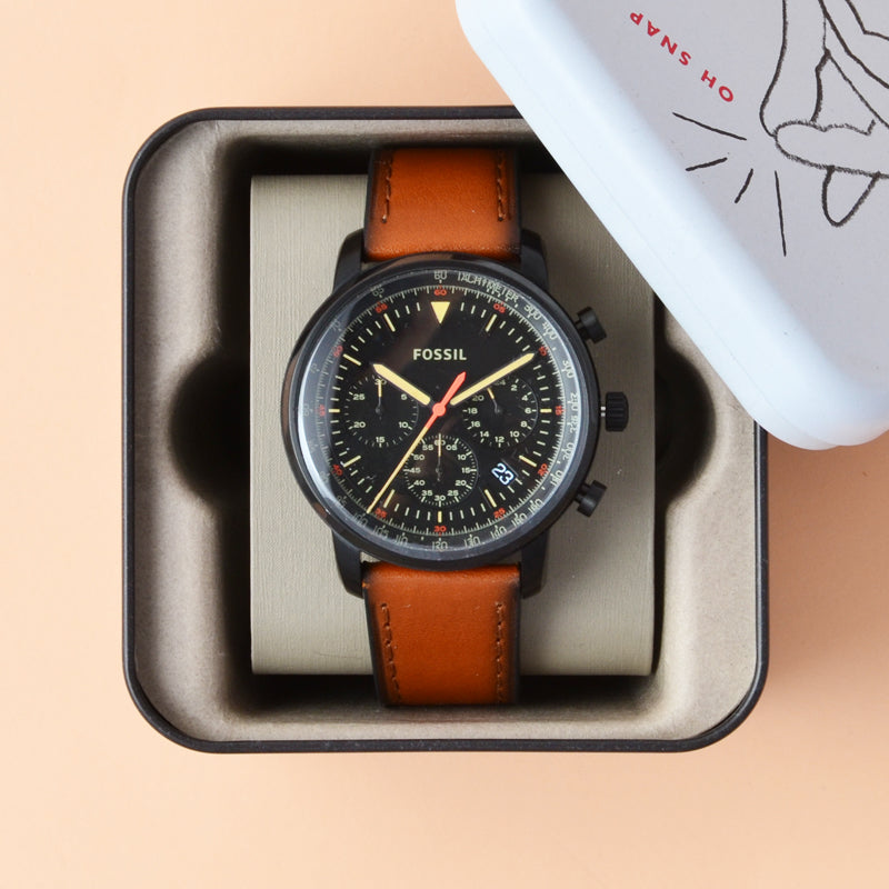 Fossil Goodwin FS5501 watch in presentation box with tan leather strap