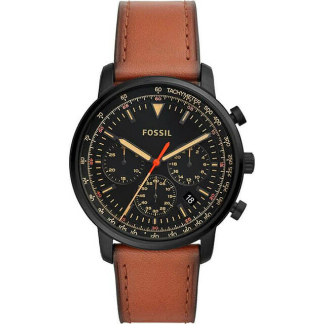 Fossil Goodwin chronograph watch with black dial, gold markers, and tan leather strap