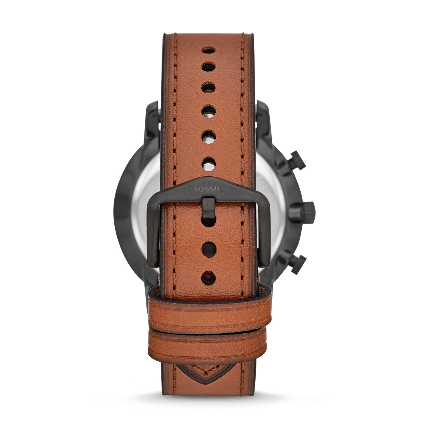 Back view of Fossil Goodwin FS5501 watch showing black case and tan perforated leather strap