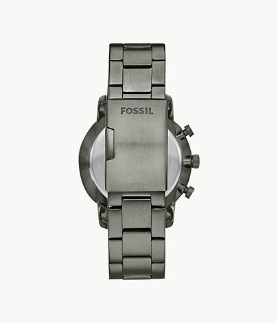 Fossil Goodwin caseback showing stainless steel bracelet and back of smoke case