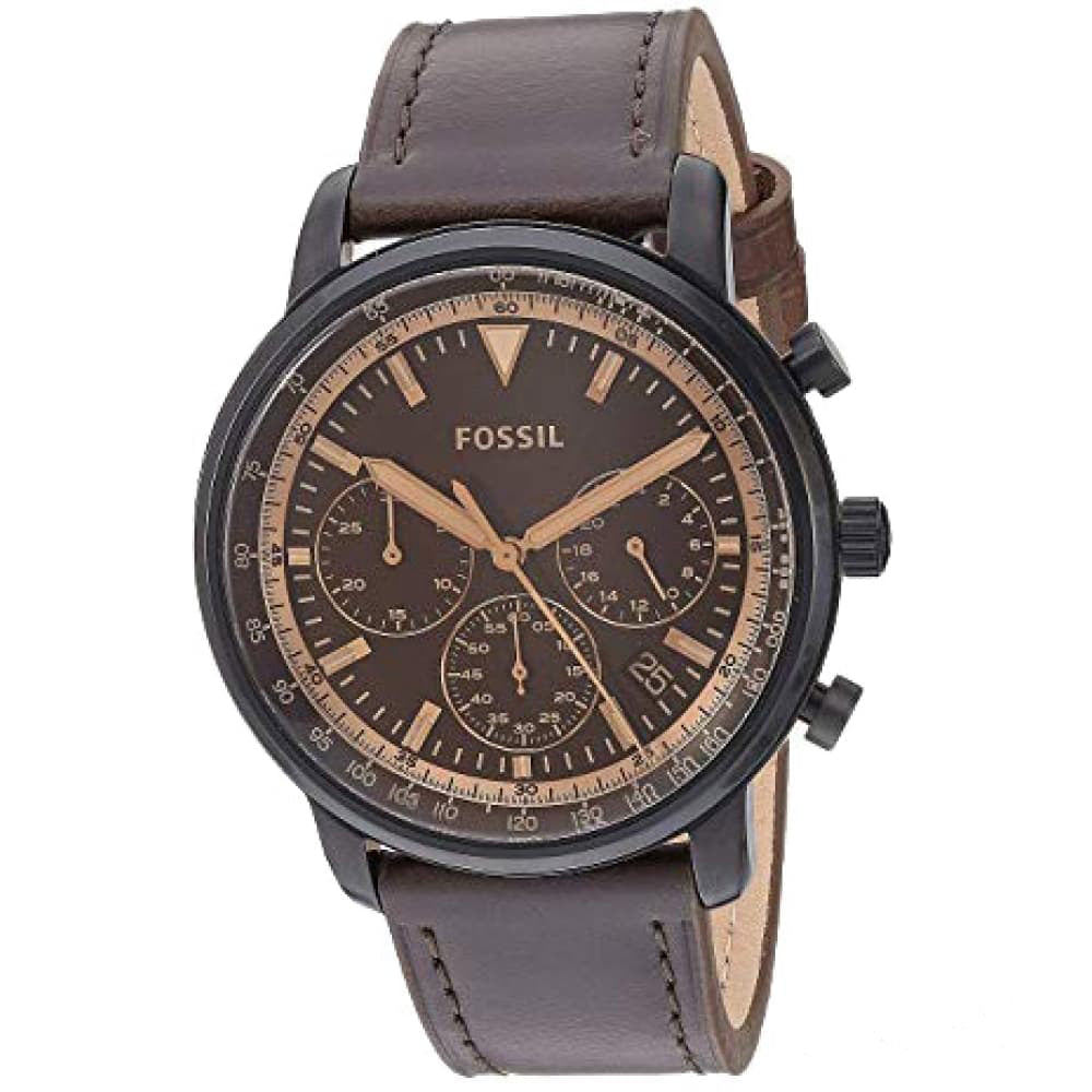 Fossil Goodwin chronograph watch shown at angle with visible chronograph subdials