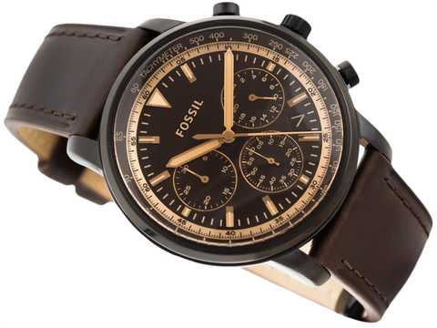 Fossil Goodwin chronograph watch detail showing tachymeter bezel and leather strap interior