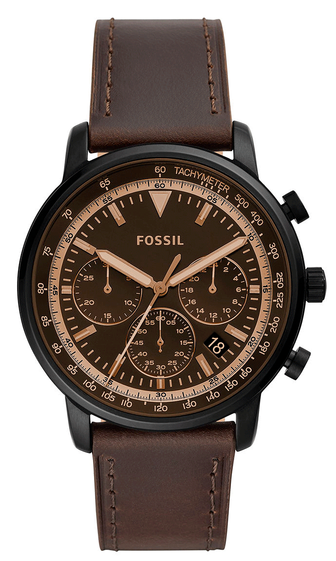 Fossil Goodwin chronograph watch with black dial, bronze markers, and brown leather strap