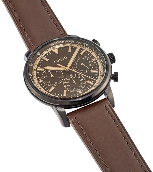 Fossil Goodwin chronograph watch side view showing brown leather strap and case profile