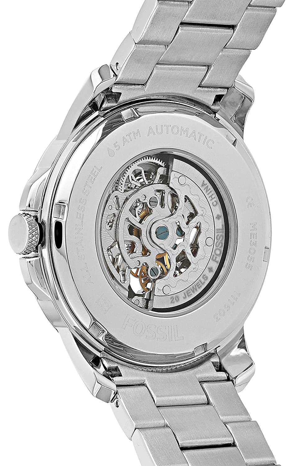Fossil Grant watch caseback showing automatic movement and visible gears