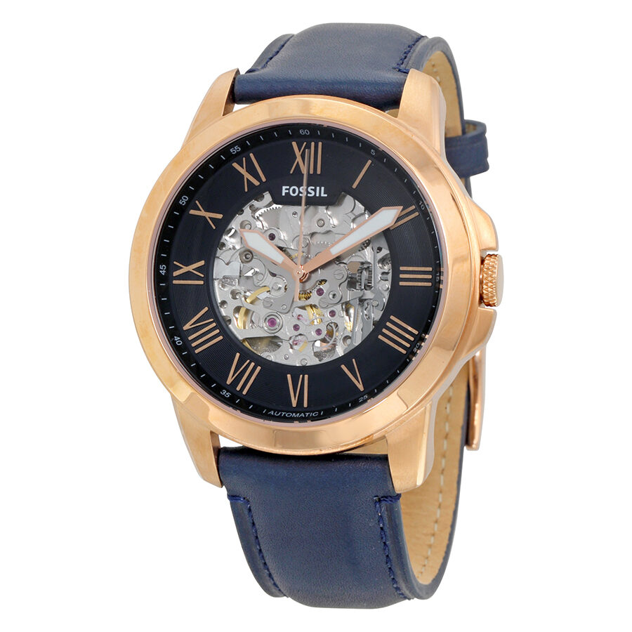 Fossil Grant Automatic watch with navy blue skeleton dial, rose gold case, and navy leather strap