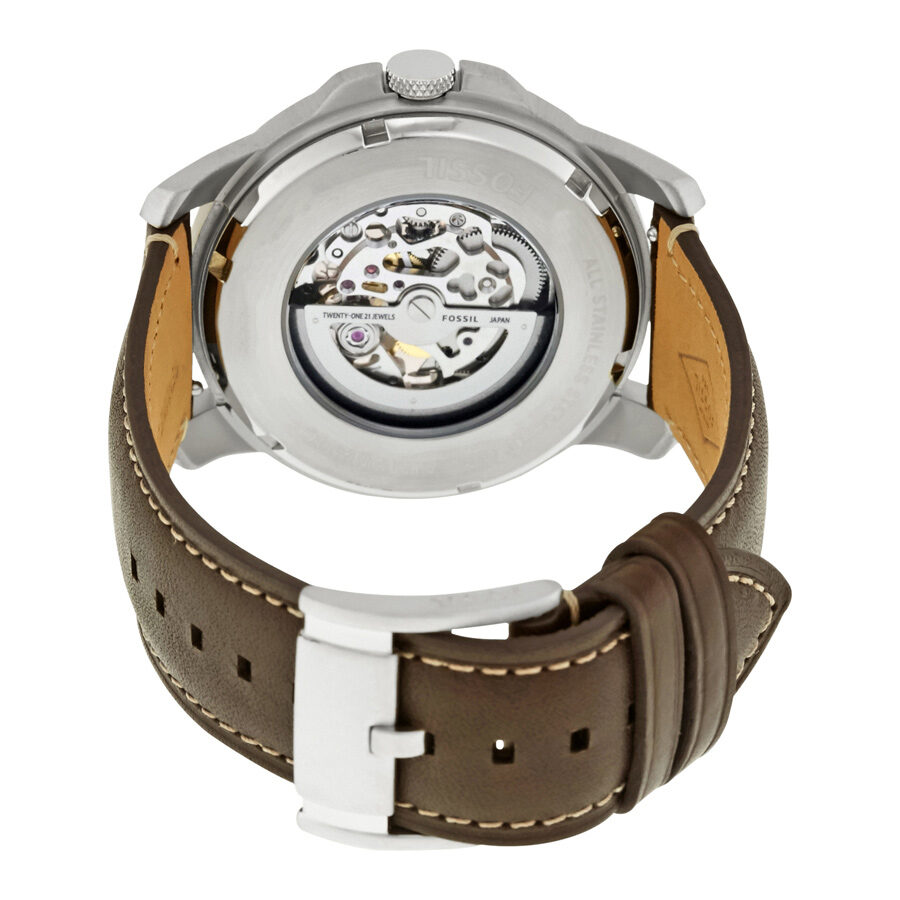 Fossil Grant automatic watch caseback displaying visible movement and brown leather strap