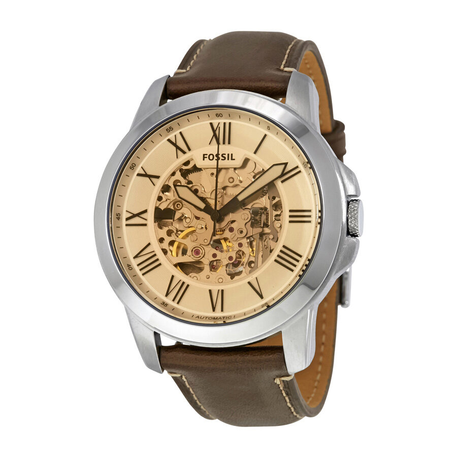 Fossil Grant automatic men's watch with skeleton dial, Roman numerals, and brown leather strap
