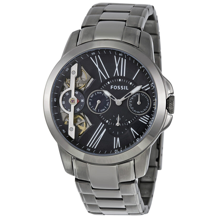 Fossil Grant automatic watch with black dial, Roman numerals, skeleton window, and chronograph subdials